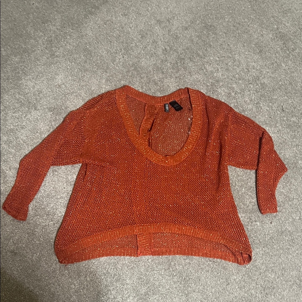 Bisou Bisou Metallic Knit Cropped Sweater, Rust Gold Off Shoulder Button Back L